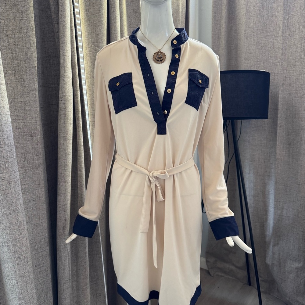 Tory Burch Cream and Navy Blue Long Sleeve Dress